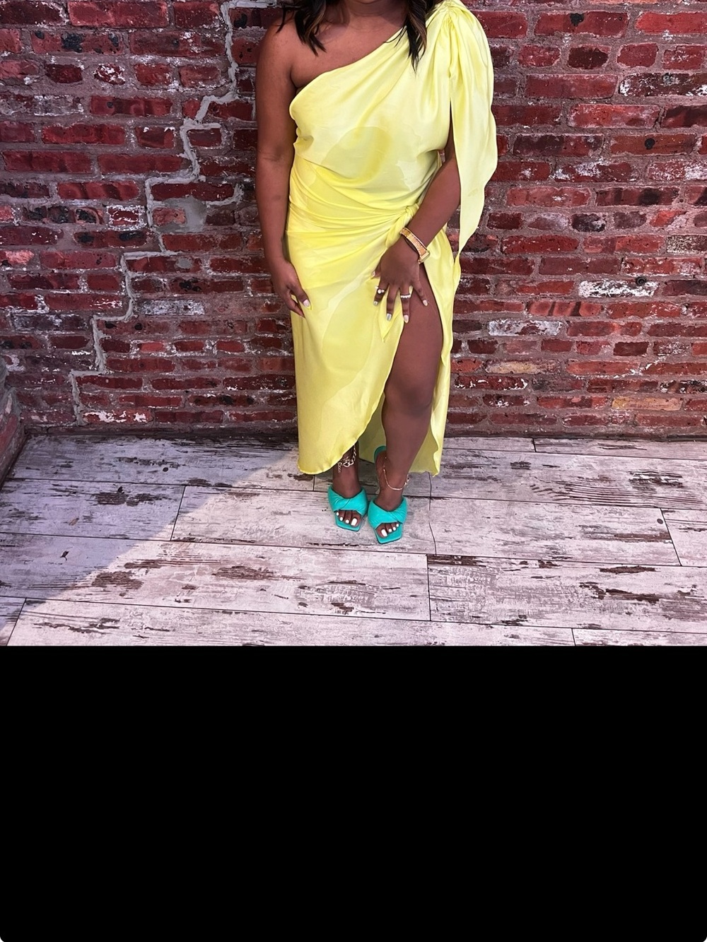 One-Shoulder Bright Yellow Midi Dress with Side Drape